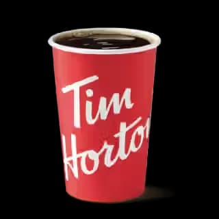 Tim Hortons brewed coffee in a red takeaway cup